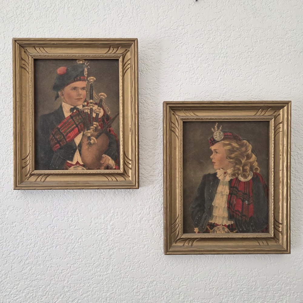 Vintage Edward Gross Co. "Jamie" & "Jeannie" Framed Prints Gold Frames 11.5x9.5